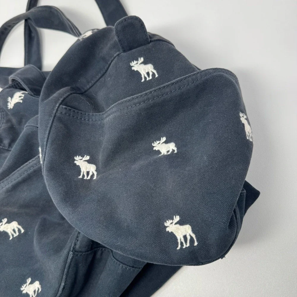 Abercrombie & Fitch Navy Blue Canvas Duffel Bag White‎ Moose Embroidery